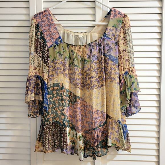 Floreat Anthropologie Boho Top Size S Beaded Hems Bell Sleeves Floral Pattern - Picture 1 of 10